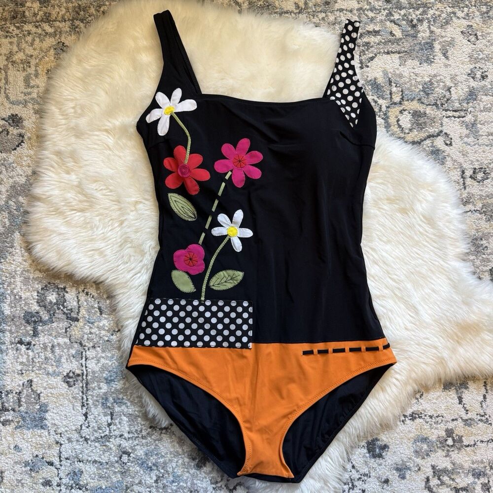 VTG 90s Gottex Women’s Size 16 One Piece Black Swimsuit Patchwork Flowers